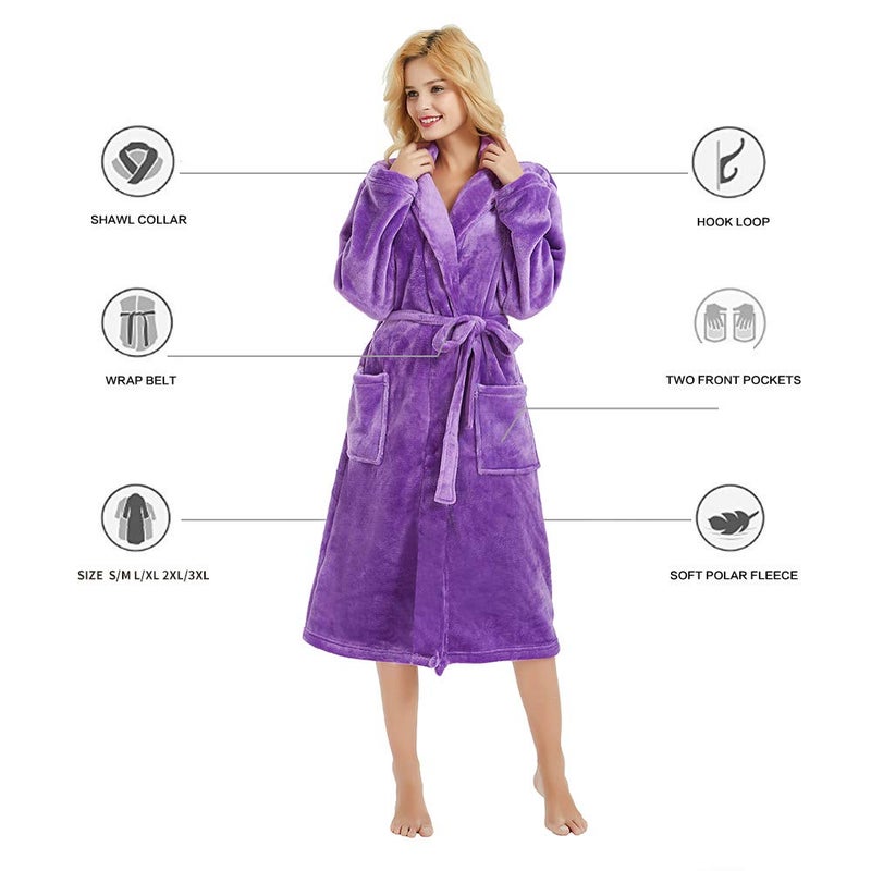 HEARTNICE Womens Fleece Robes, Soft Plush Long Bathrobe, Thick Kimono Robes for Womens, Warm House Coat (Violet, L/XL) - Image 4